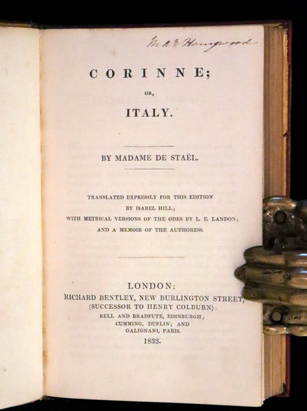 1833 Rare One volume First Edition - Corinne or Italy by Mme de Stael. Romanticism.