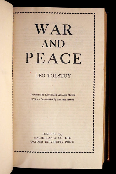 1943 Rare book in Fine Bayntun Riviere Binding - WAR AND PEACE by Count Leo Tolstoy.