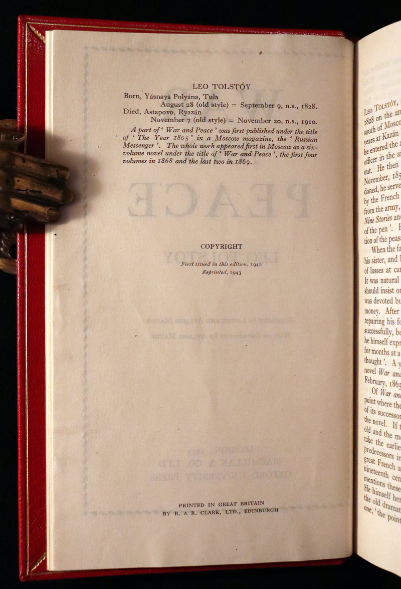 1943 Rare book in Fine Bayntun Riviere Binding - WAR AND PEACE by Count Leo Tolstoy.