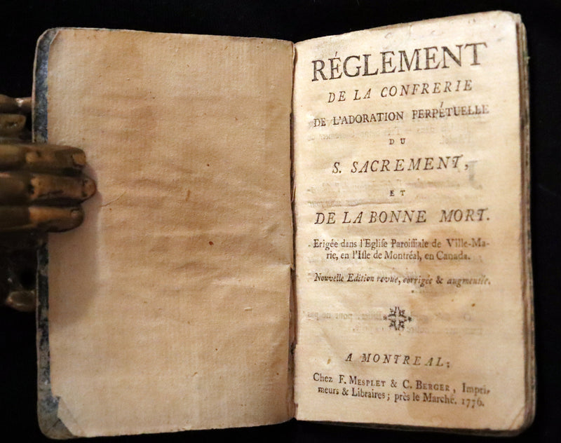 1776 First Book printed in Montreal - Mesplet Reglement de la Confrerie de l'Adoration Perpetuelle du S Sacrement et de la Bonne Mort.