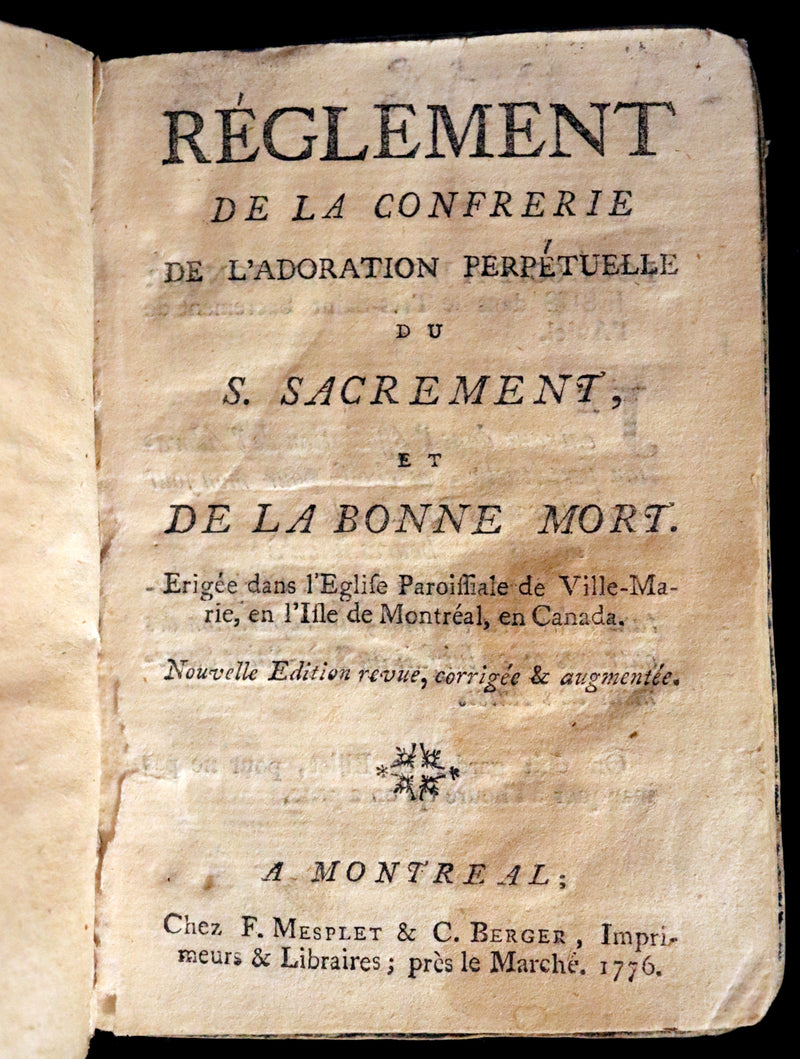 1776 First Book printed in Montreal - Mesplet Reglement de la Confrerie de l'Adoration Perpetuelle du S Sacrement et de la Bonne Mort.