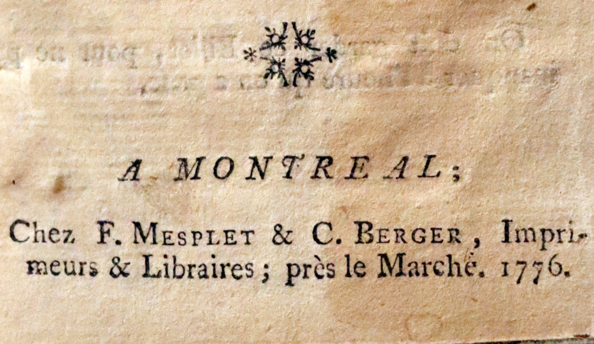 1776 First Book printed in Montreal - Mesplet Reglement de la Confrerie de l'Adoration Perpetuelle du S Sacrement et de la Bonne Mort.