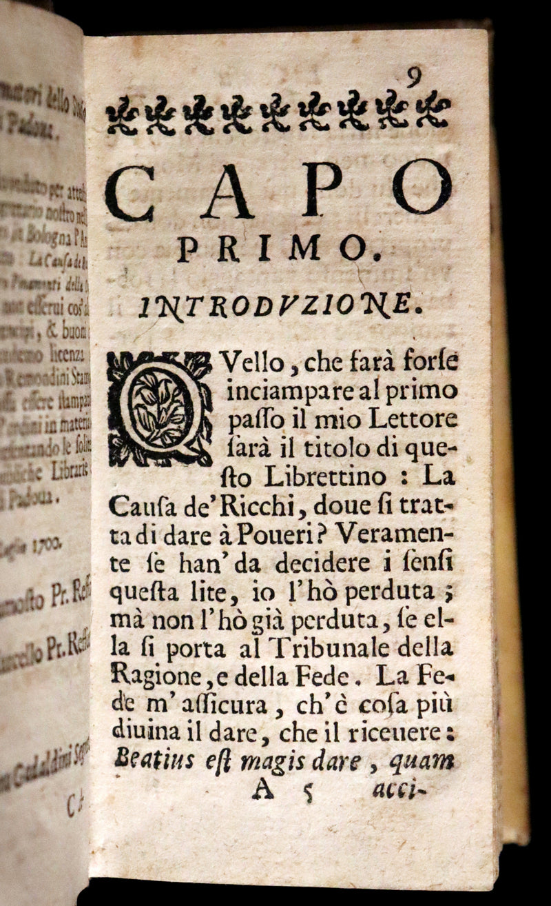 1700 Scarce Italian Vellum Book - La Causa De Ricchi Overo Il Debito by Giovanni Pietro Pinamonti. First Edition.
