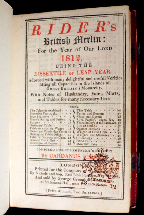 1812 Scarce First Edition with Claps -  Almanack Rider's British Merlin, For the Year 1812.