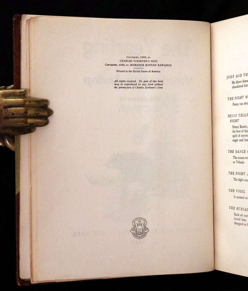 1944 Rare Book in Morocco binding - The YEARLING by Marjorie Kinnan Rawlings illustrated by N. C. WYETH.