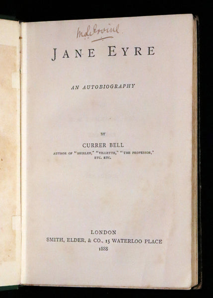 1888 Rare Victorian Book - JANE EYRE, An Autobiography by Currer Bell (CHARLOTTE BRONTË).