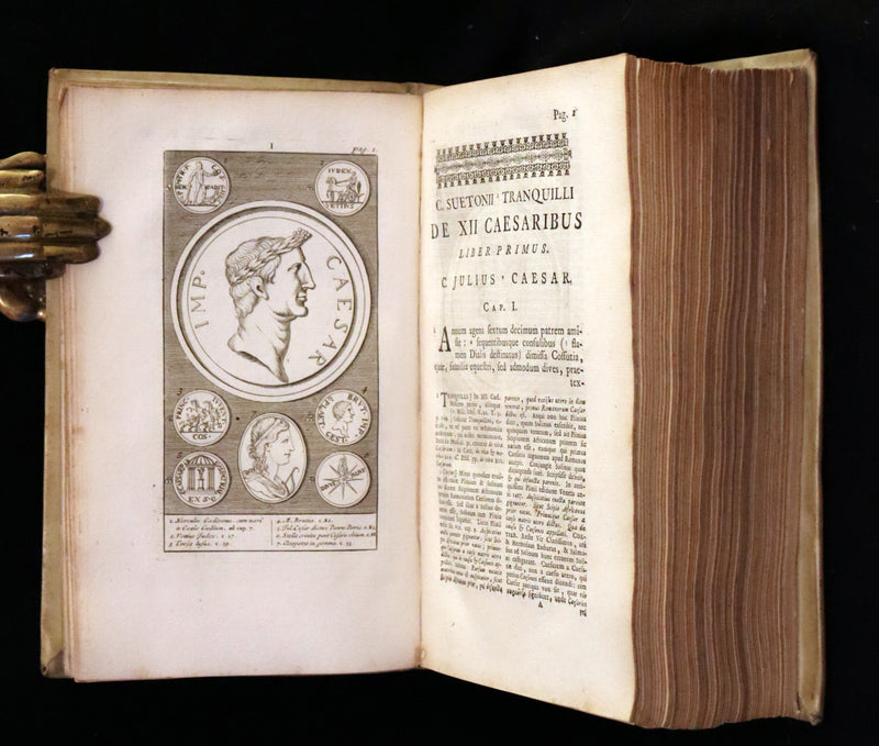 1751 Rare Vellum Latin Book - Lives of the Twelve Caesars by Suetonius. Illustrated.