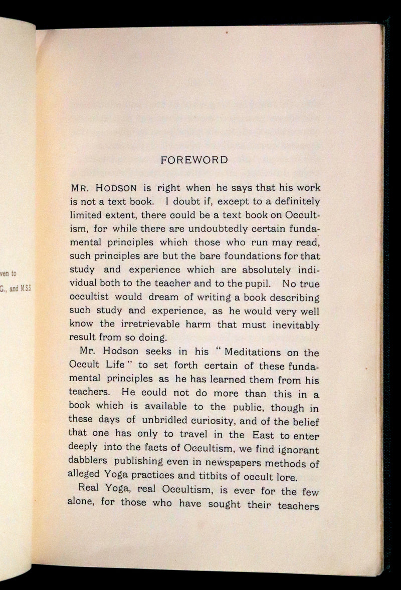 1937 Rare First Edition - Meditations on the Occult Life by Geoffrey Hodson. (Streatham Lodge Copy).