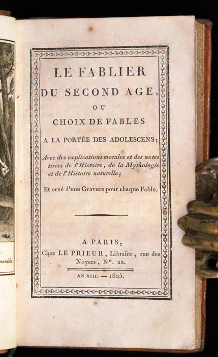 1805 Rare French Book - Illustrated Fables & Mythology - Le Fablier du Second Age.