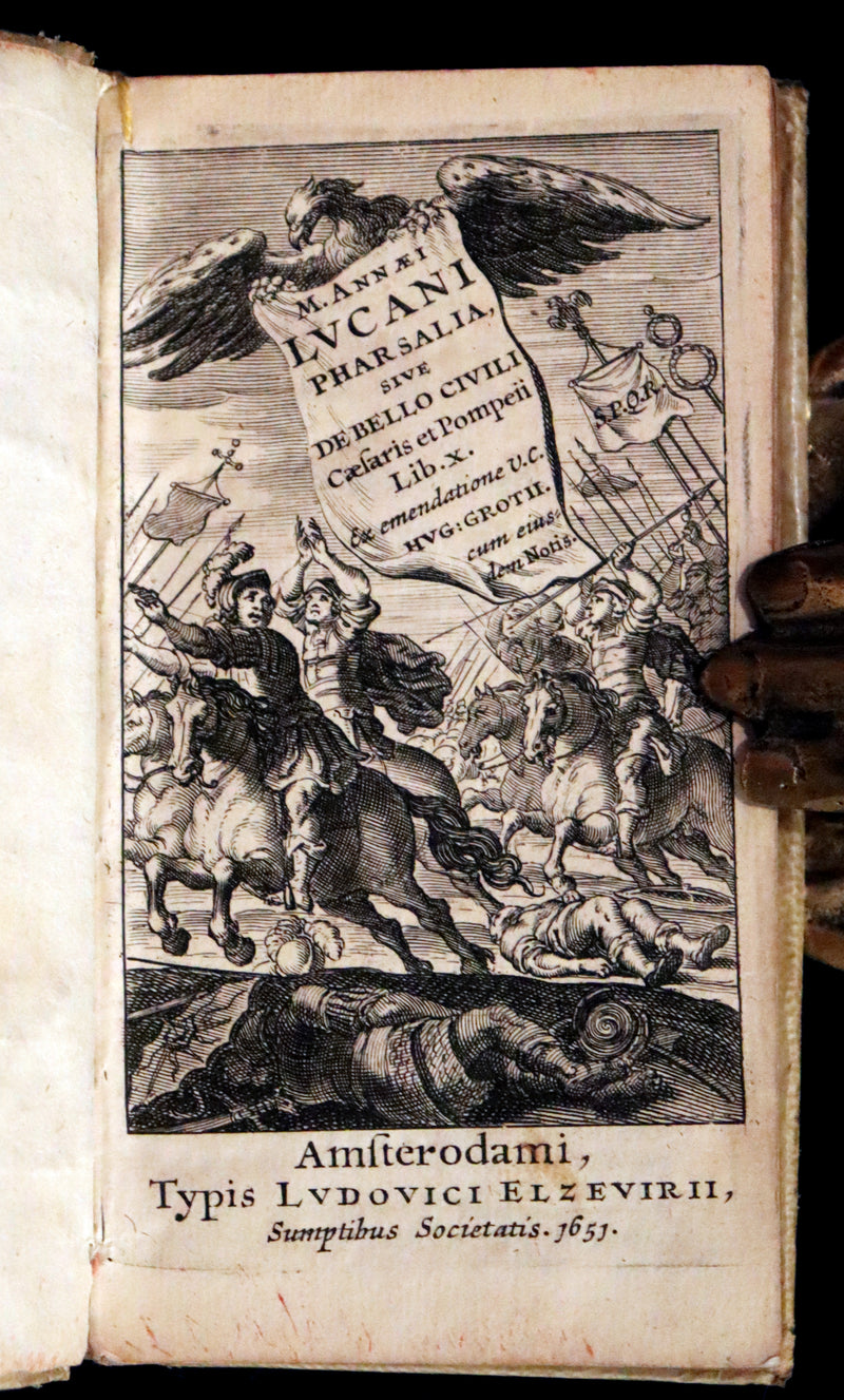 1651 Rare Latin Vellum Book - Lucan's Pharsalia - Civil war between Julius Caesar and the Senate.
