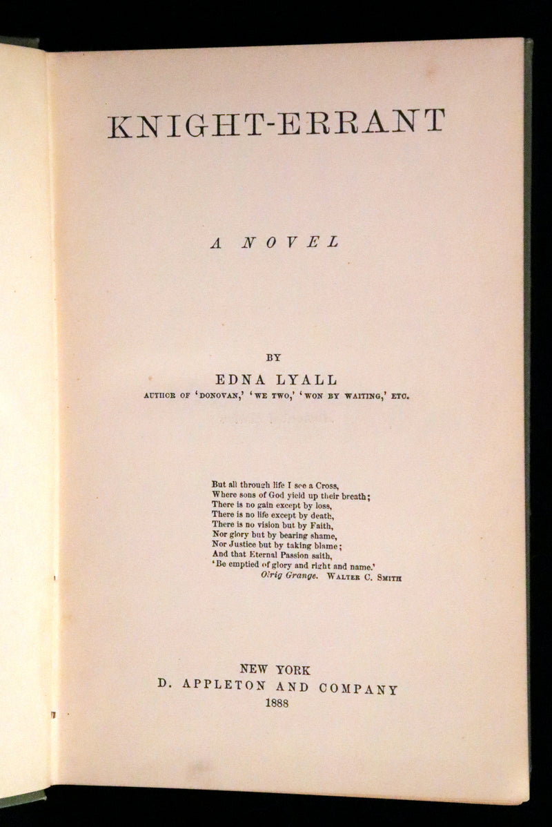1888 Scarce First US Edition - The Knight Errant by Edna Lyall. A Victorian Romance.