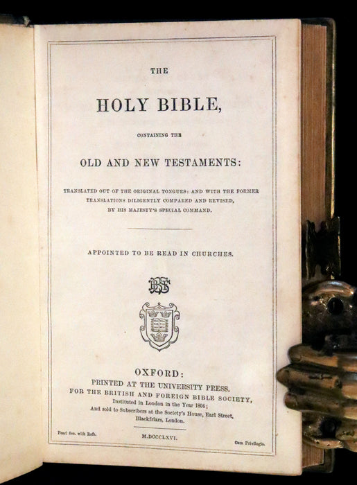 1866 Rare Book bound by Watkins - HOLY BIBLE,  OLD AND NEW TESTAMENTS. Clasp.