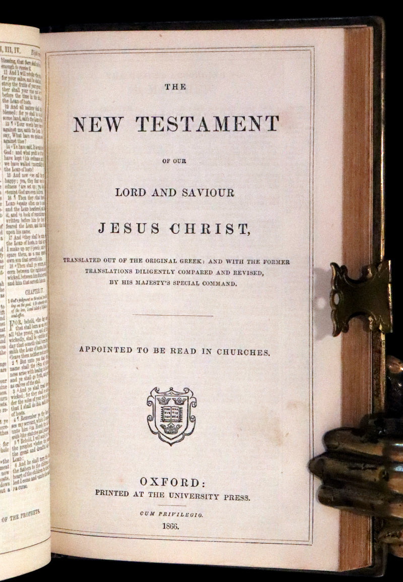 1866 Rare Book bound by Watkins - HOLY BIBLE,  OLD AND NEW TESTAMENTS. Clasp.