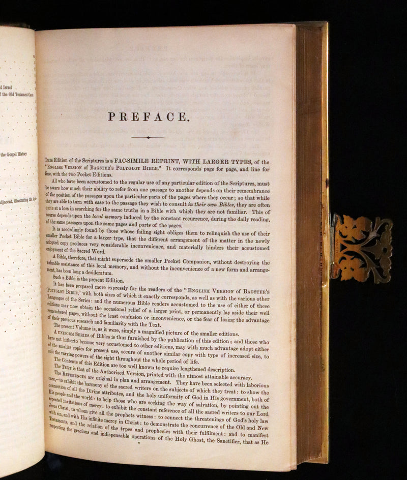 1850 Rare Book bound by Bagster - POLYGLOT BIBLE,  OLD AND NEW TESTAMENTS. Clasp.