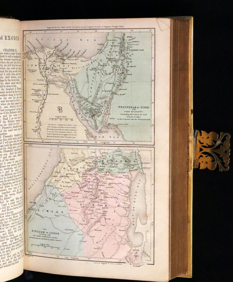 1850 Rare Book bound by Bagster - POLYGLOT BIBLE,  OLD AND NEW TESTAMENTS. Clasp.