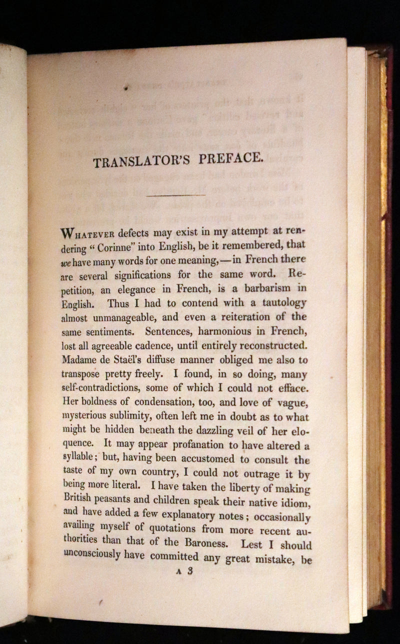 1833 Rare One volume First Edition - Corinne or Italy by Mme de Stael. Romanticism.