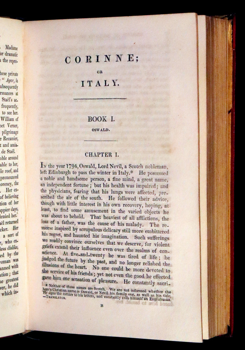 1833 Rare One volume First Edition - Corinne or Italy by Mme de Stael. Romanticism.
