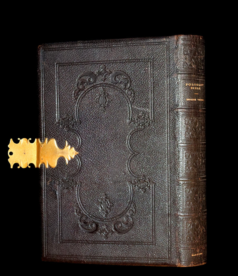 1870 Rare Book bound by Bagster - POLYGLOT BIBLE, OLD AND NEW TESTAMENTS with Clasp.