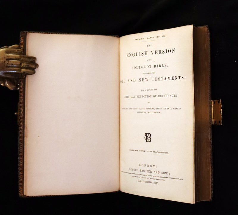 1870 Rare Book bound by Bagster - POLYGLOT BIBLE, OLD AND NEW TESTAMENTS with Clasp.