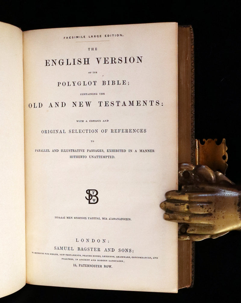1870 Rare Book bound by Bagster - POLYGLOT BIBLE, OLD AND NEW TESTAMENTS with Clasp.