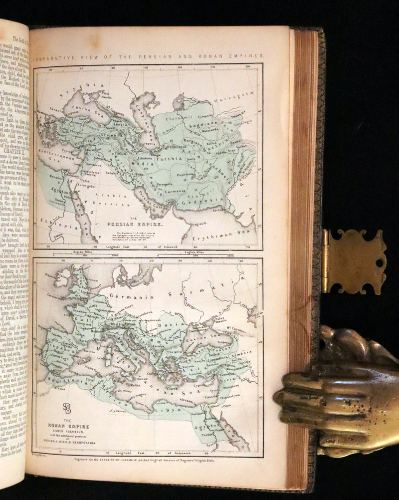 1870 Rare Book bound by Bagster - POLYGLOT BIBLE, OLD AND NEW TESTAMENTS with Clasp.