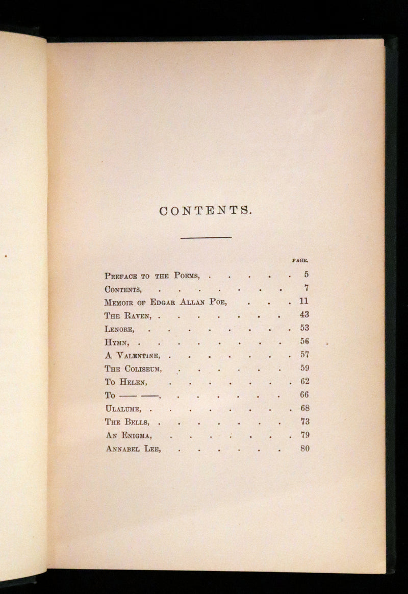 1872 Rare Book - Poems by Edgar Allan Poe. Complete with an Original Memoir. (The Raven, Lenore, Ulalume, ...).