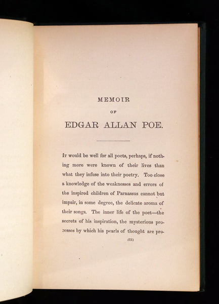 1872 Rare Book - Poems by Edgar Allan Poe. Complete with an Original Memoir. (The Raven, Lenore, Ulalume, ...).