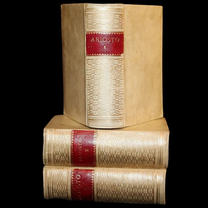 1872 Rare Italian Vellum Chivalry Book Set - Orlando Furioso Di Ludovico Ariosto - The Frenzy of Orlando.