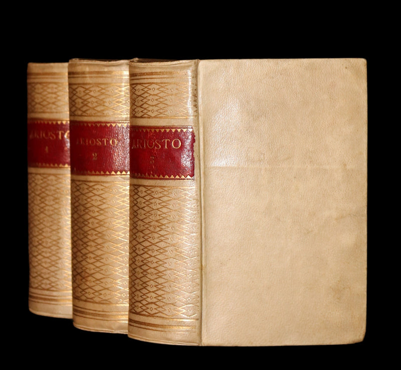 1872 Rare Italian Vellum Chivalry Book Set - Orlando Furioso Di Ludovico Ariosto - The Frenzy of Orlando.