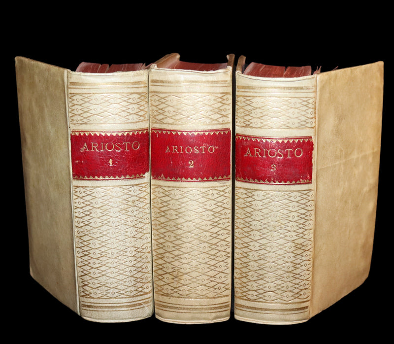 1872 Rare Italian Vellum Chivalry Book Set - Orlando Furioso Di Ludovico Ariosto - The Frenzy of Orlando.