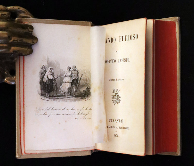 1872 Rare Italian Vellum Chivalry Book Set - Orlando Furioso Di Ludovico Ariosto - The Frenzy of Orlando.