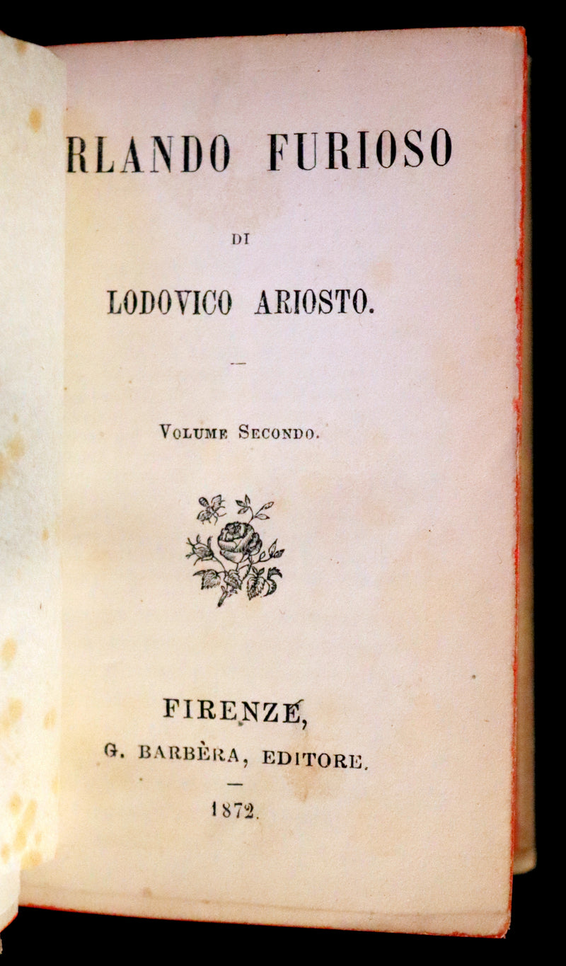 1872 Rare Italian Vellum Chivalry Book Set - Orlando Furioso Di Ludovico Ariosto - The Frenzy of Orlando.