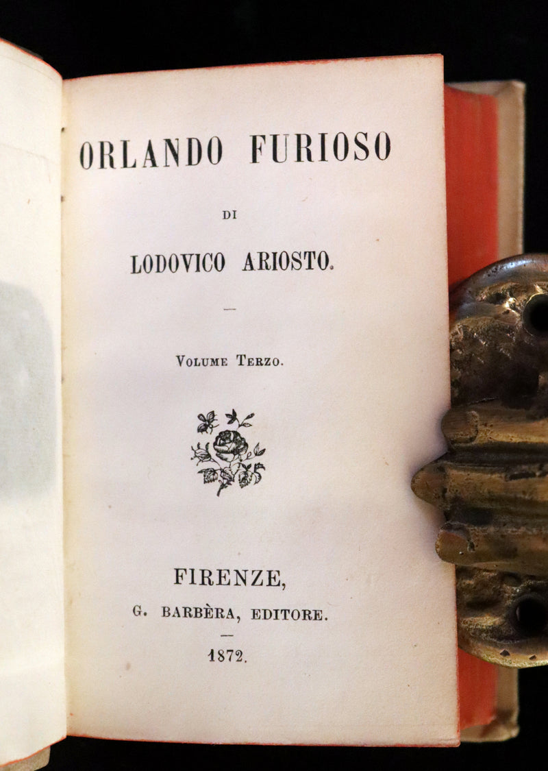 1872 Rare Italian Vellum Chivalry Book Set - Orlando Furioso Di Ludovico Ariosto - The Frenzy of Orlando.
