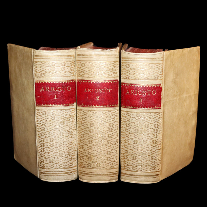 1872 Rare Italian Vellum Chivalry Book Set - Orlando Furioso Di Ludovico Ariosto - The Frenzy of Orlando.