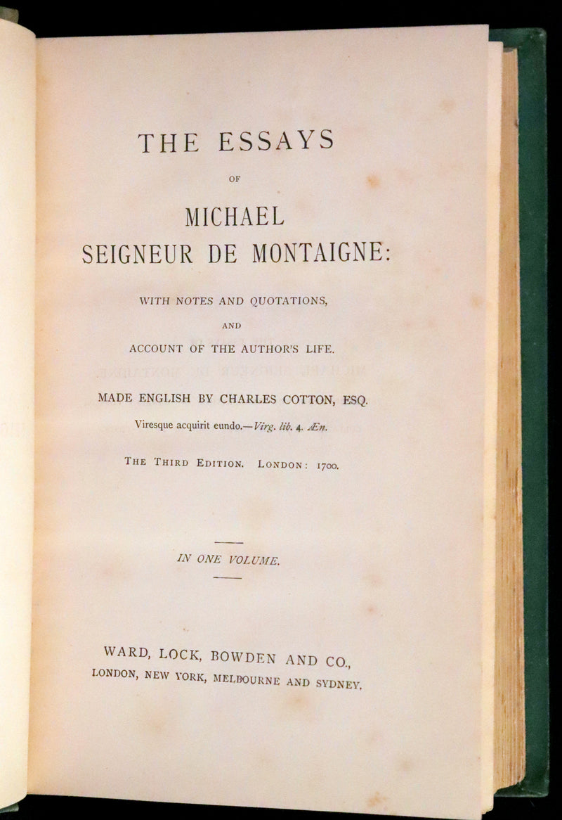 1870 Rare Victorian Book - The Essays of Michael Seigneur de Montaigne.