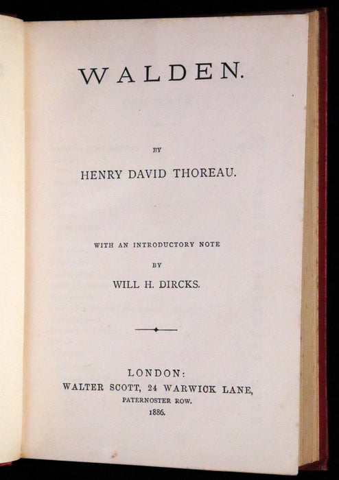 1886 Rare Victorian Book - WALDEN by Henry David Thoreau with an introductory note by Will H. Dircks.