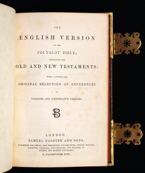 1870 Rare Book bound by Bagster - Polyglot Bible, Old and New Testaments. Beautiful binding with Clasps.