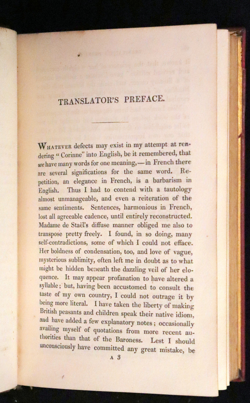1833 Rare One volume First Edition - Corinne or Italy by Mme de Stael. Romanticism.