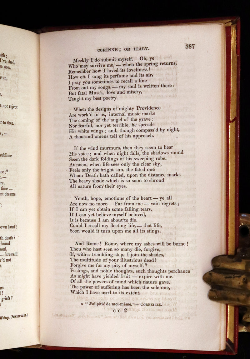 1833 Rare One volume First Edition - Corinne or Italy by Mme de Stael. Romanticism.