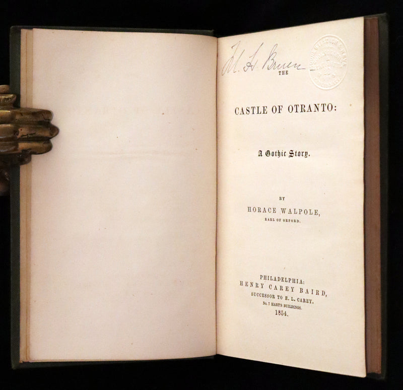1854 Rare First US Edition - The Castle of Otranto, a Gothic Story Set in a haunted castle by Horace Walpole.