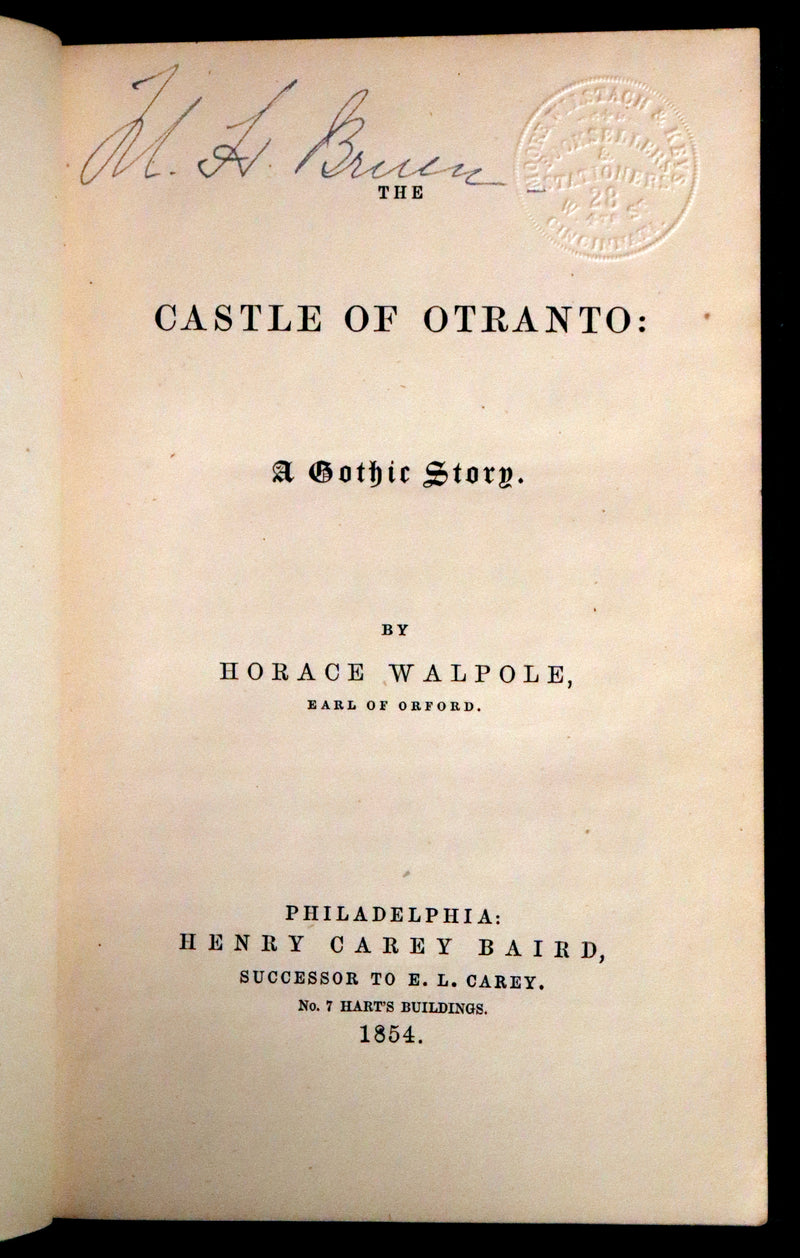 1854 Rare First US Edition - The Castle of Otranto, a Gothic Story Set in a haunted castle by Horace Walpole.