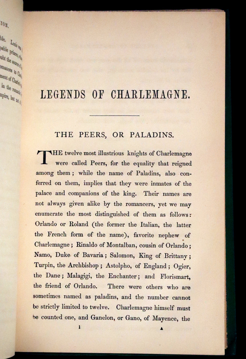 1872 Rare First Edition - Legends of Charlemagne or Romance of the Middle Ages by Thomas Bulfinch.