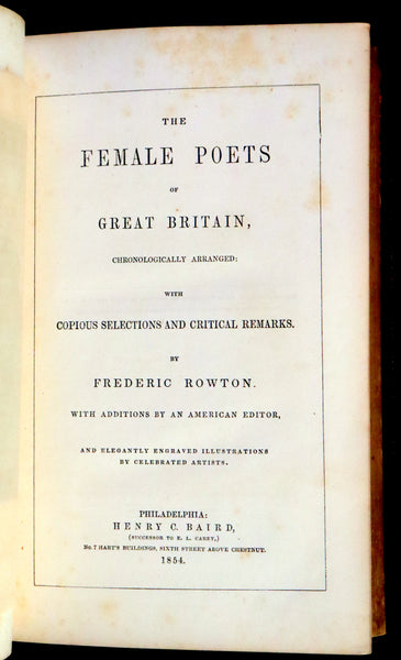 1854 Rare Victorian Book - The Female Poets of Great Britain Chronologically arranged. Illustrated.