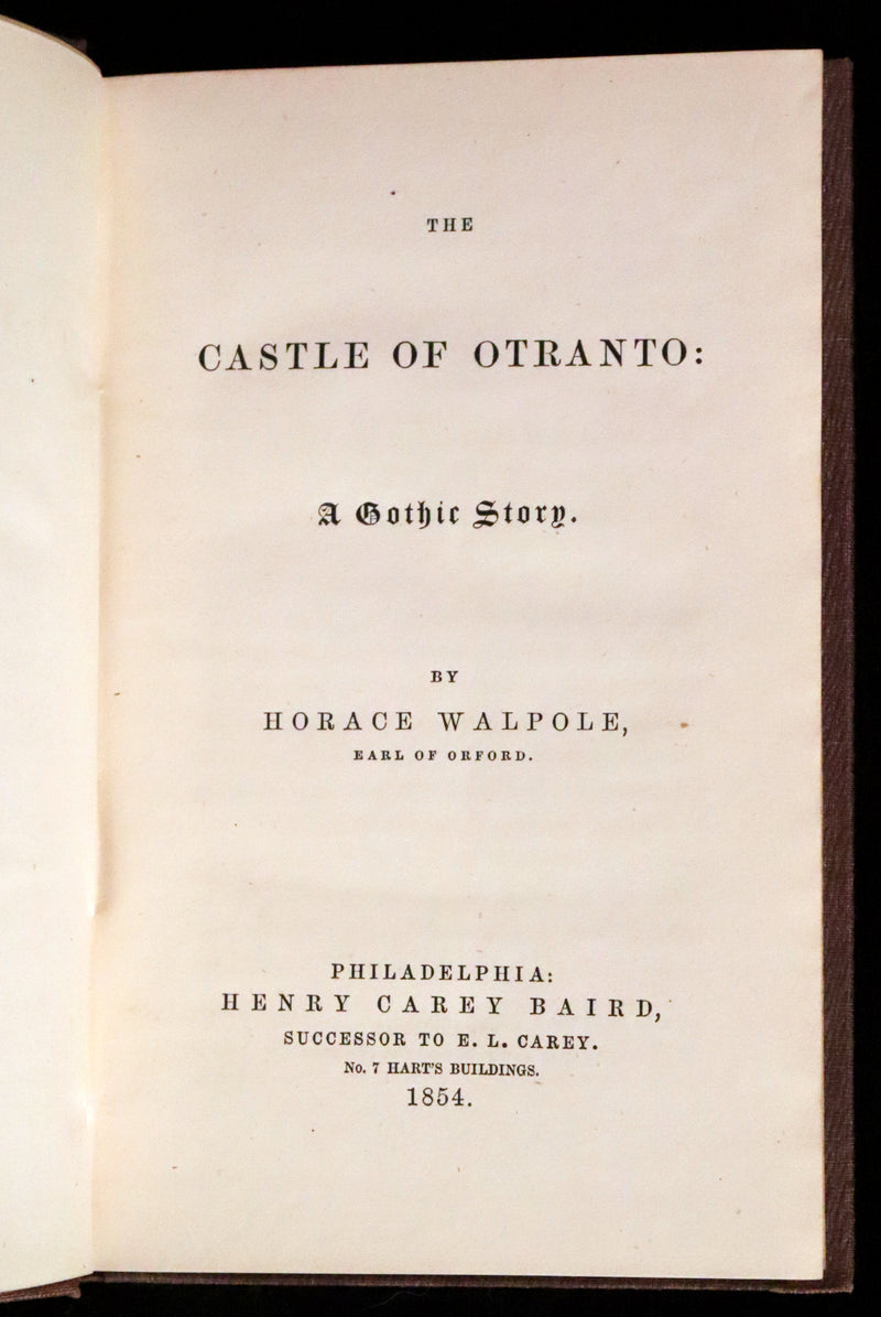 1854 Scarce First US Edition - The Castle of Otranto, a Gothic Story Set in a haunted castle by Horace Walpole.