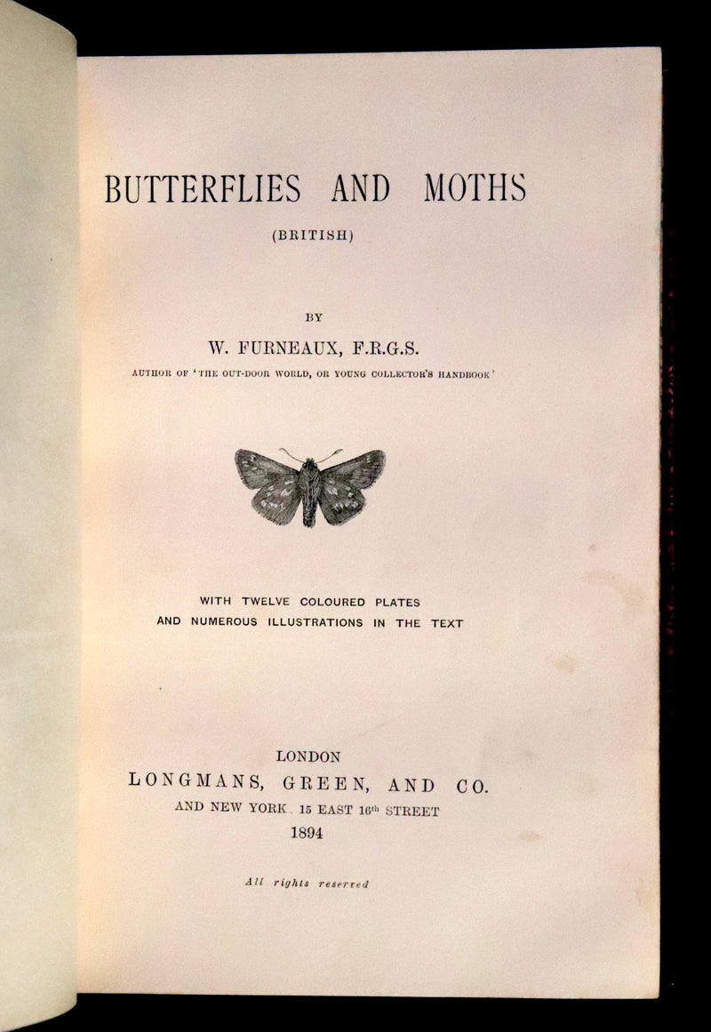 1894 Rare First Edition - Butterflies and Moths (British) by William Samuel Furneaux. Color illustrated.