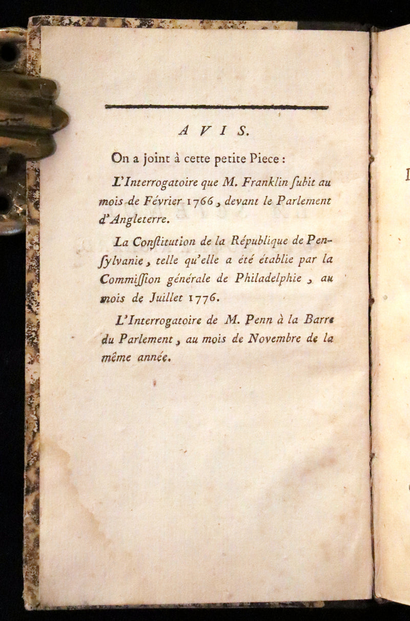 1778 Scarce French Book - Benjamin Franklin The Way to Wealth, La Science Du Bonhomme Richard + Constitution of Pennsylvania.
