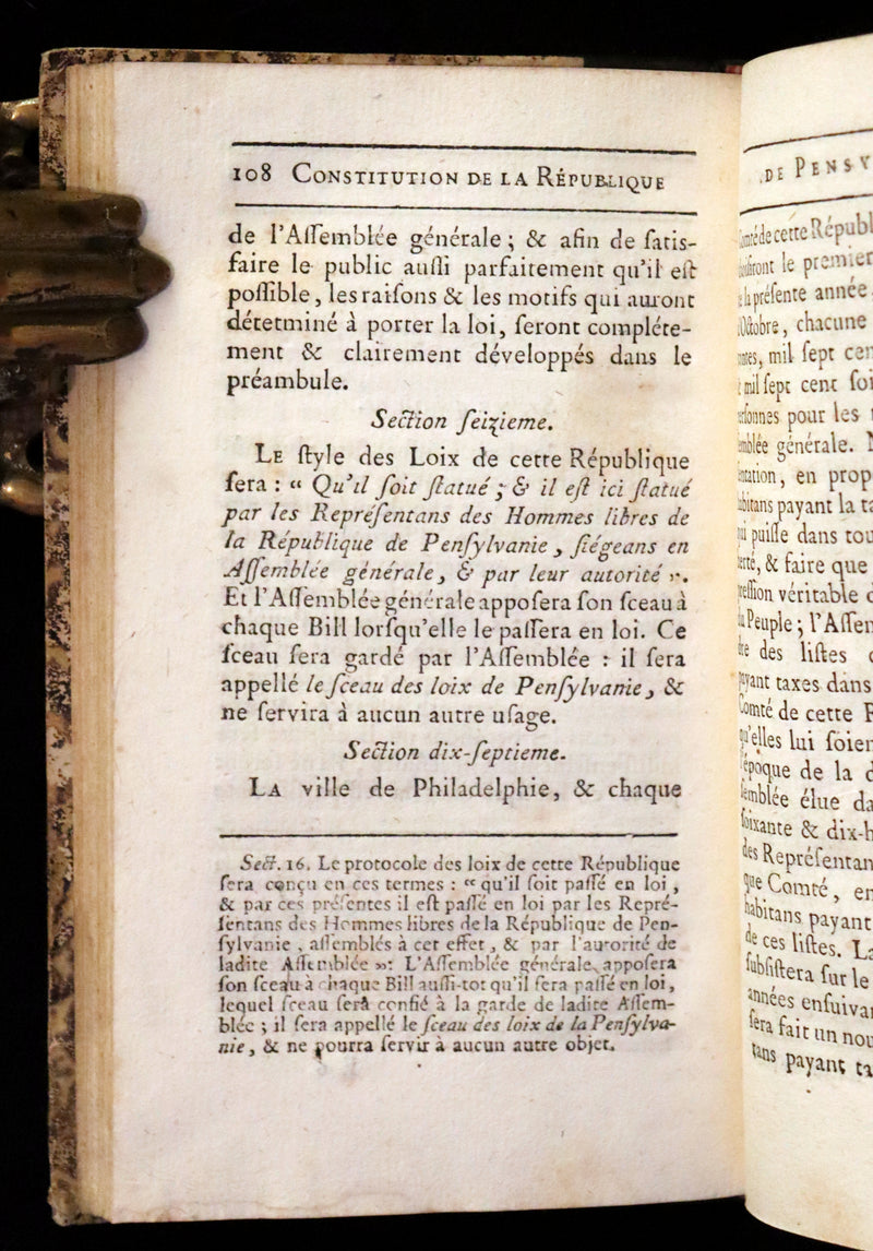 1778 Scarce French Book - Benjamin Franklin The Way to Wealth, La Science Du Bonhomme Richard + Constitution of Pennsylvania.