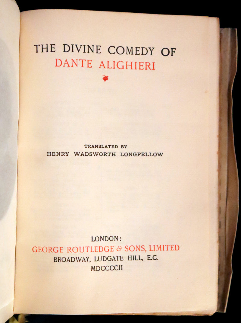 1902 Scarce Giannini Hand-Painted Vellum Binding - The Divine Comedy of Dante Alighieri by Longfellow.