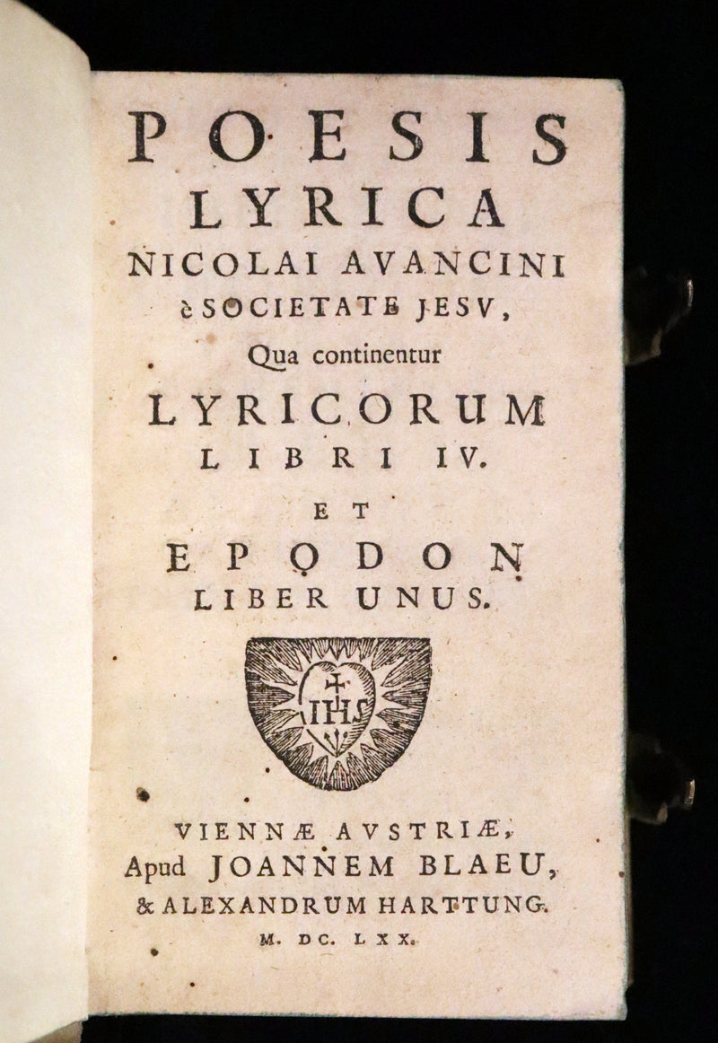1670 Rare Latin vellum Book - Poesis Lyrica by Nicolaus Avancinus, Jesuit poet.