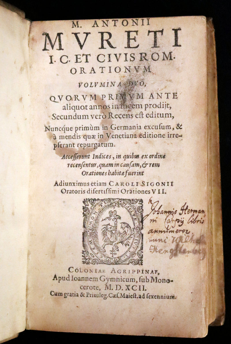 1592 Scarce Latin Vellum Book - Works of French Humanist Marc Antoine Muret.